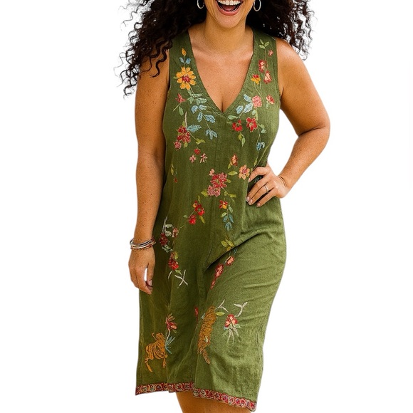 Johnny Was Dresses & Skirts - Johnny Was Andrean Linen Embroidered V
Neck Midi Dress Floral Tiger NWT
